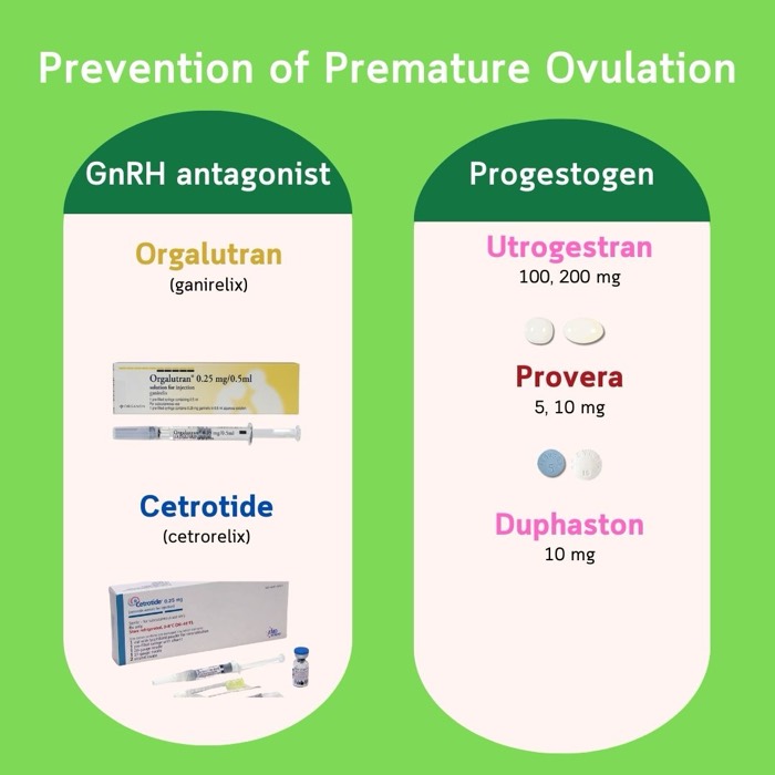 Pencegahan ovulasi pramatang — antagonis GnRH (Orgalutran, Cetrotide) dan progestogen (Utrogestran, Provera, Duphaston)
