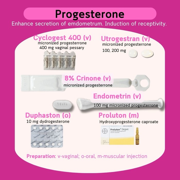 Progesteron untuk penyediaan dan sokongan endometrium — Cyclogest, Utrogestran, Endometrin, Crinone, Duphaston, Proluton